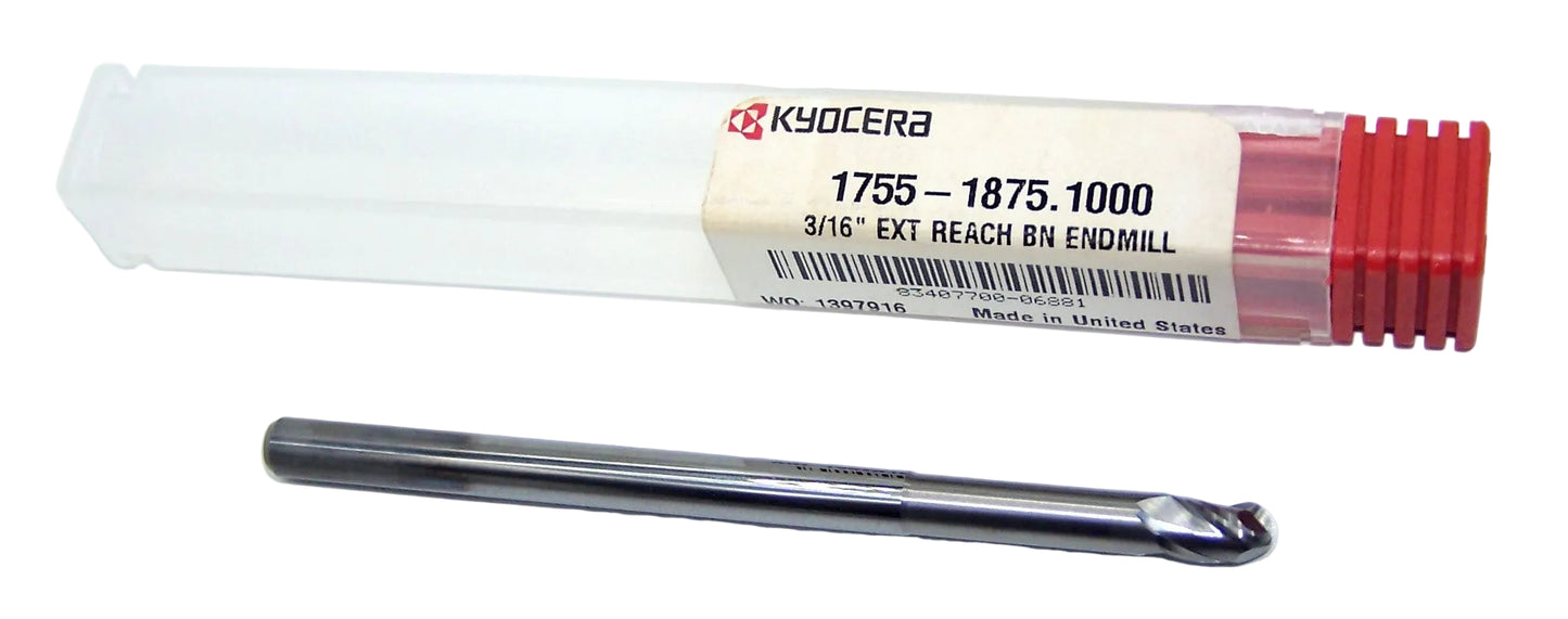 1755-1875.1000 Kyocera 3/16" Carbide 3 Flute Ball End Mill 1.00" Extended Reach 0.1875" Diameter 0.284" Flute 3.00" Length 0.1875" Shank