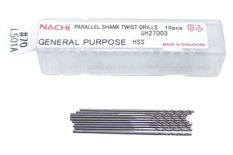 Nachi #70 HSS Jobber Length Drill Bit General Purpose Bright 501A  .0280" Diameter .375" Flute 1.25" Length .0280" ShankL 501A (pack of 10)