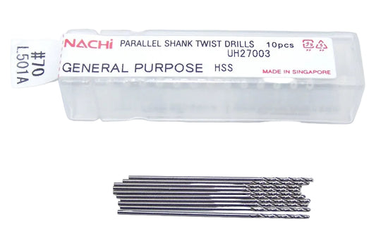 Nachi #70 HSS Jobber Length Drill Bit General Purpose Bright 501A  .0280" Diameter .375" Flute 1.25" Length .0280" ShankL 501A (pack of 10)
