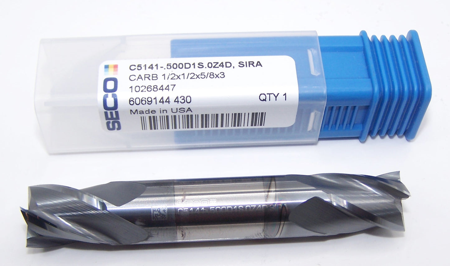 10268447 Seco 1/2" Carbide 4 Flute End Mill Double End TiAlN Coated .500" Diameter .625" Flute 3.00" Length .500" Shank Double Ended C5141-.500D1S.0Z4D SIRA