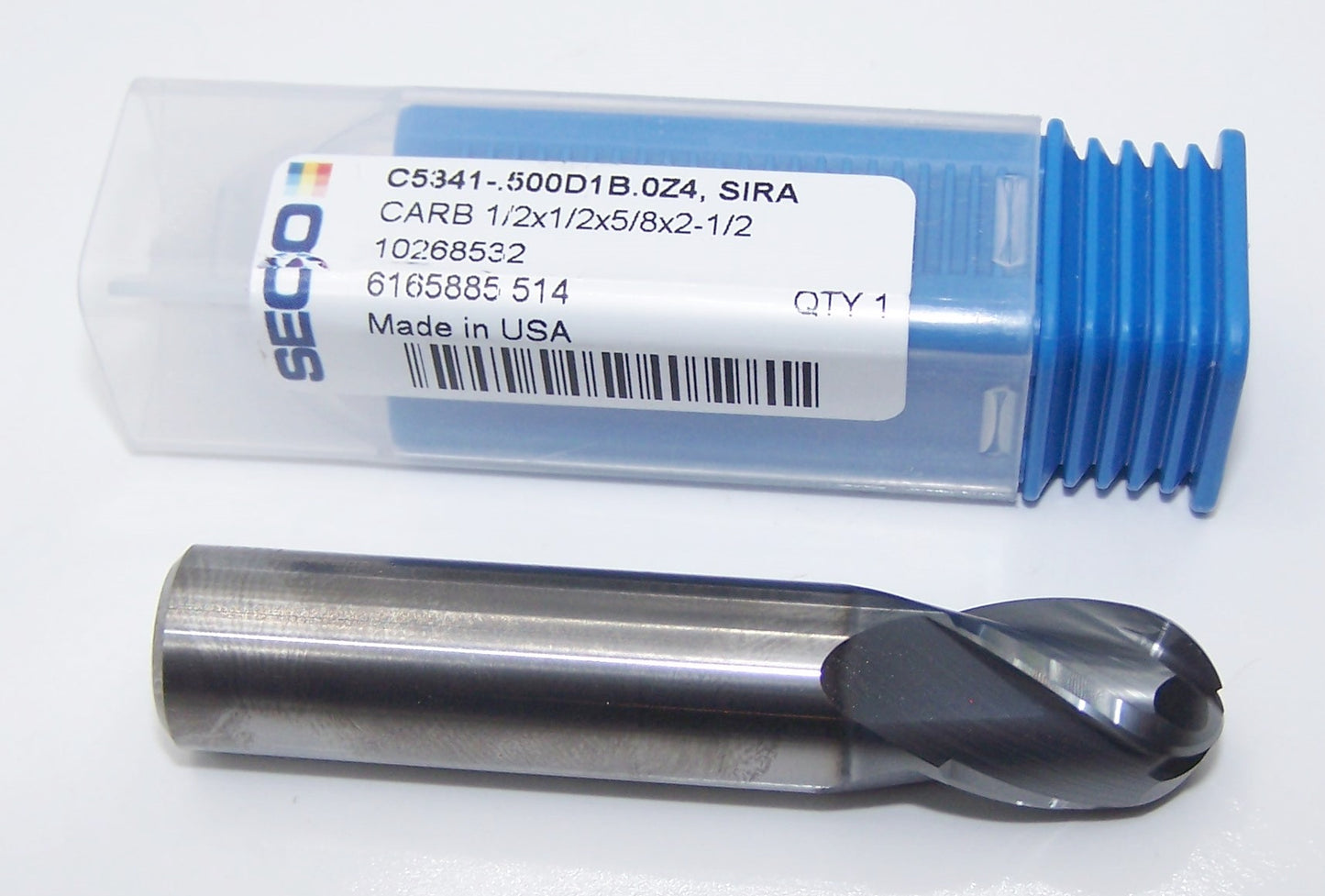 10268532 SECO 1/2" Carbide 4 Flute End Mill Ball SIRON-A Coated .500" Diameter .625" Flute 2.50" Length .500" Shank