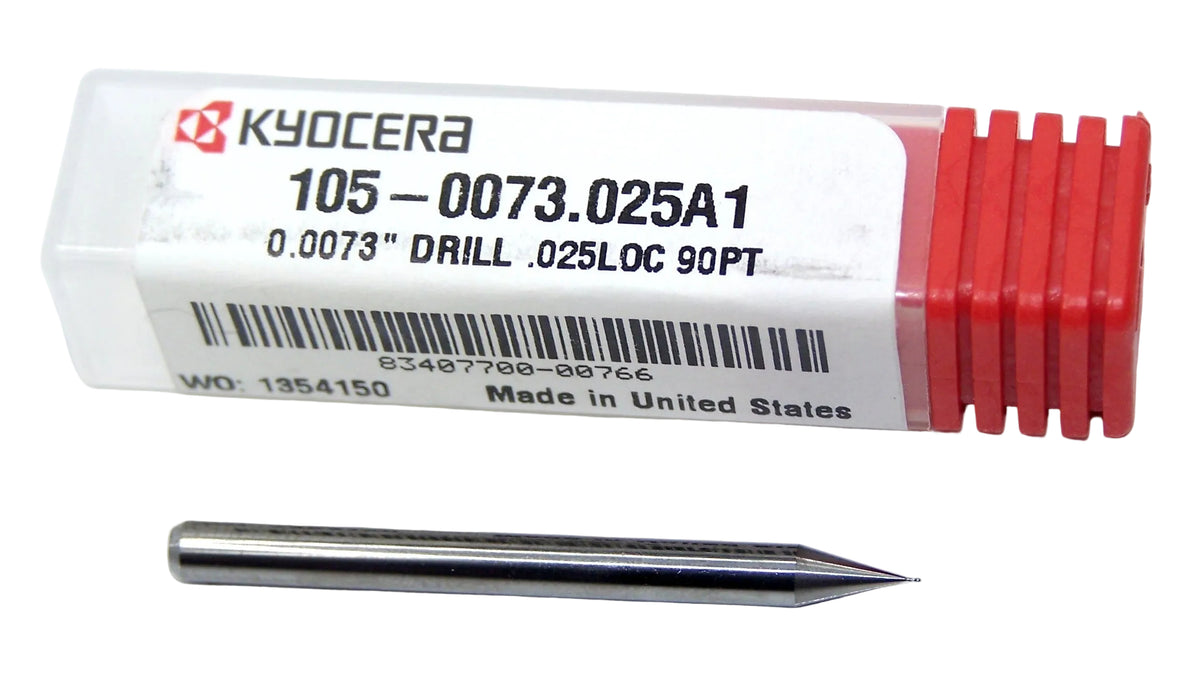 105-0073.025A1 Kyocera .0073" Carbide 2 Flute Drill Bit 0.0073" Diameter 0.025" Flute 1.50" Length 0.125" Shank 90° Point
