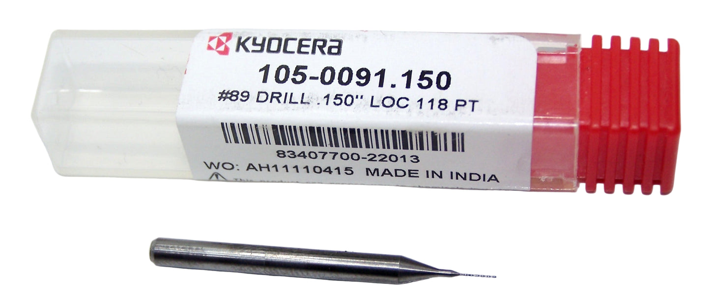 105-0091.150 Kyocera #89 Carbide 0.0091" Diameter 0.150" Flute 1.50" Length 0.125" Shank 118° Point