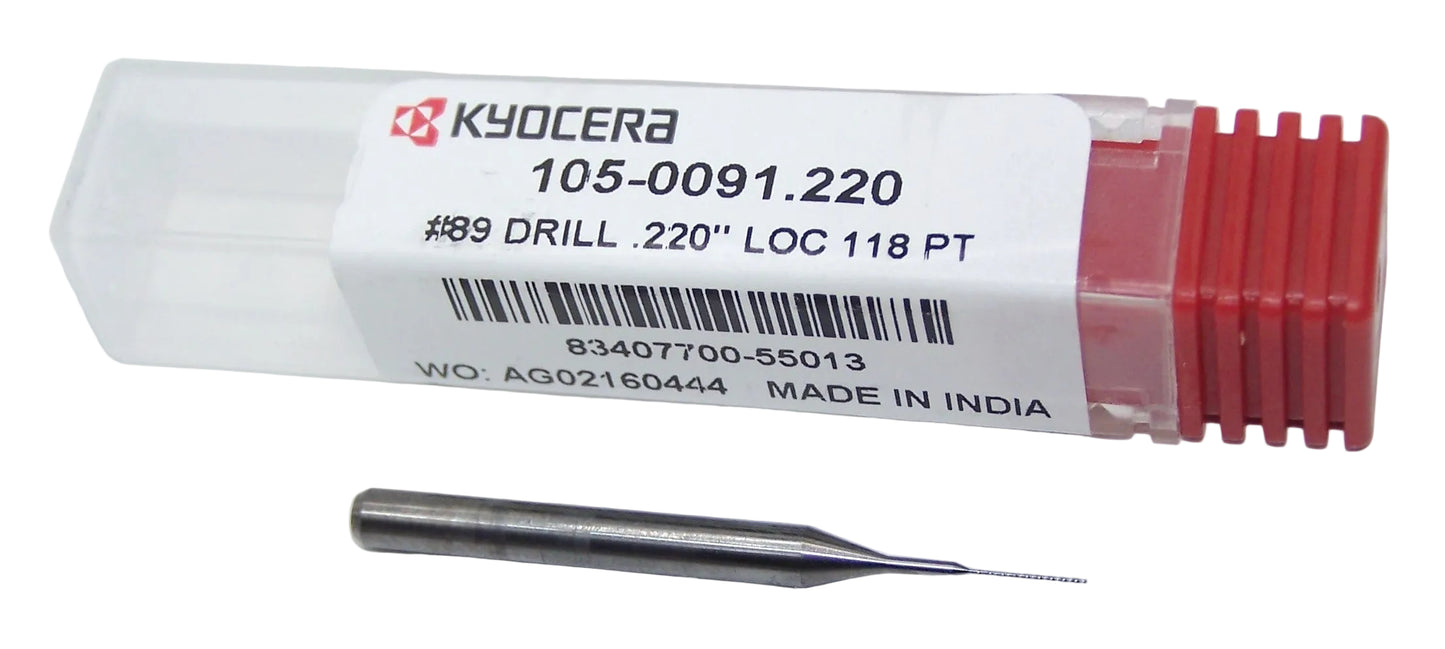 105-0091.220 Kyocera #89 Carbide 2 Flute Drill Bit 0.0091" Diameter 0.220" Flute 1.5" Length 0.125" Shank 118° Point