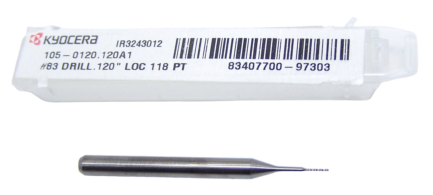 105-0120.120A1 Kyocera #83 Carbide 0.0120" Diameter 0.120" Flute 1.5" Length 0.125" Shank 118° Point