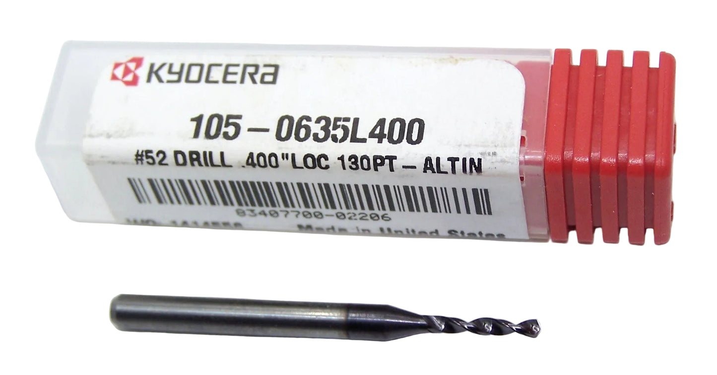 105-0635L400 Kyocera #52 Carbide 2 Flute Drill PCB Type AltiN 0.0635" Diameter 0.400" Flute 1.5" Length 0.125" Shank 130° Point