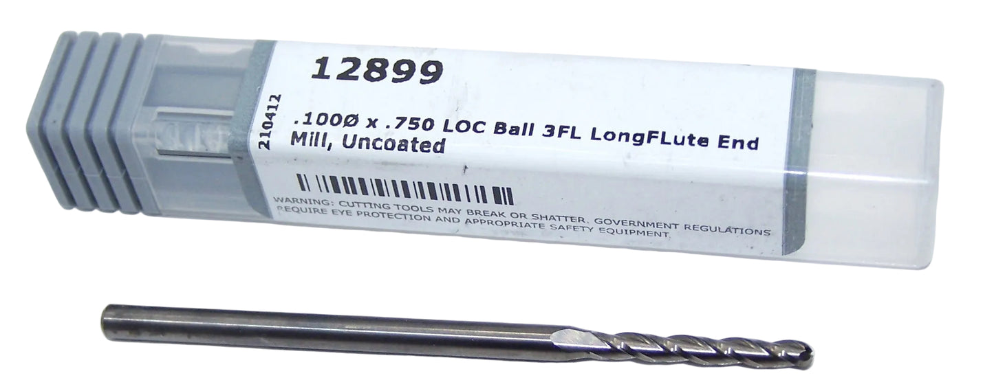 12899 Harvey Tool .1000" Carbide 3 Flute End Mill Ball End Long .1000" Diameter .750" Flute 2.50" Length 0.125" Shank
