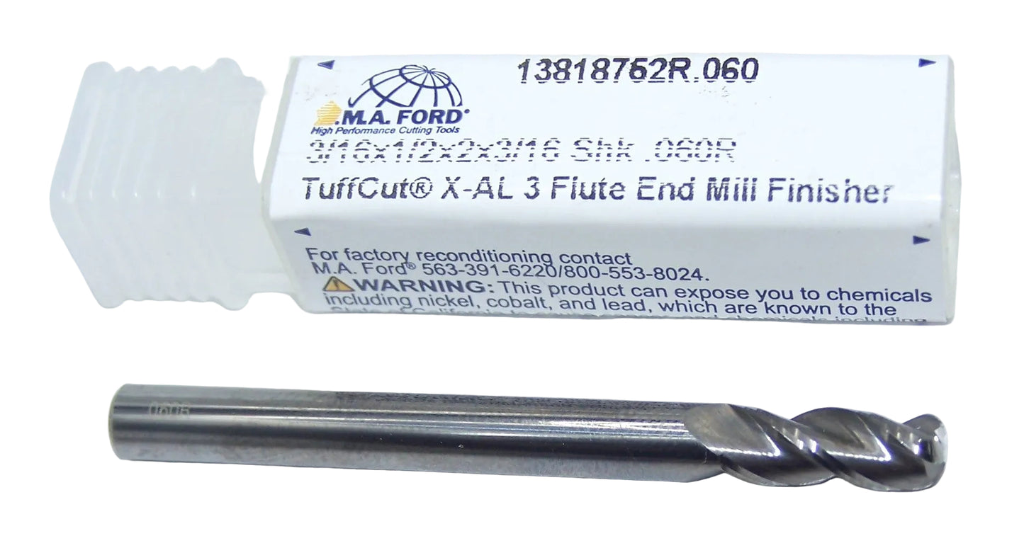 13818752R.060 MAFORD 3/16" Carbide 3 Flute End Mill .060" Radius .1875" Diameter .500" Flute 2.00" Length .1875" Shank Special