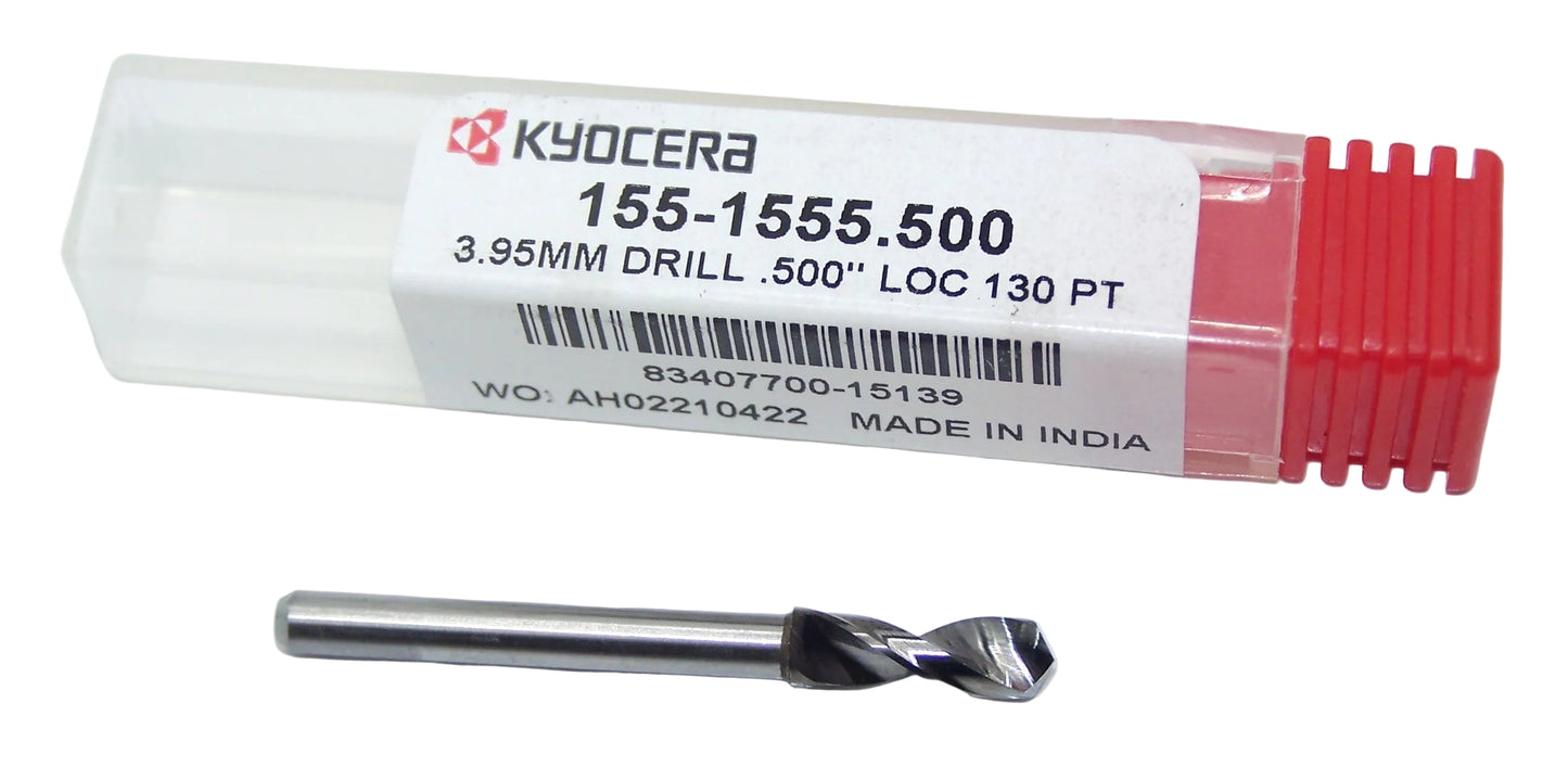 155-1555.500 Kyocera 3.95mm Carbide 0.1555" Diameter 0.5000" Flute 1.5" Length 0.125" Shank 130° Point
