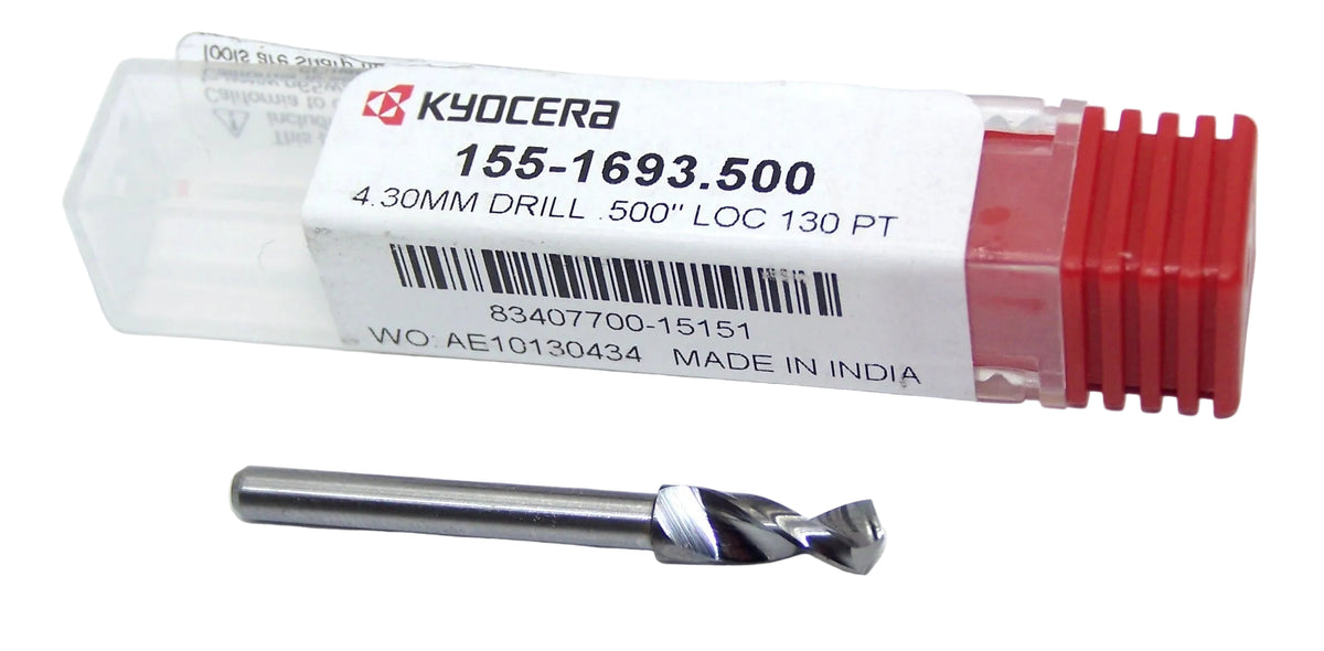 155-1693.500 Kyocera 4.30mm Carbide 0.1693" Diameter 0.5000" Flute 1.5" Length 0.125" Shank 130° Point