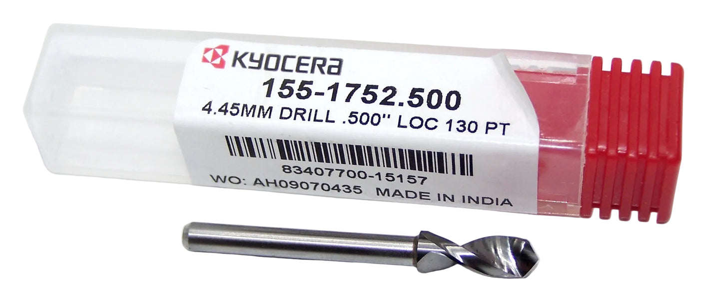 155-1752.500 Kyocera 4.45mm Carbide 2 Flute Drill 0.1752" Diameter 0.500" Flute 1.50" Length 0.125" Shank 130° Point