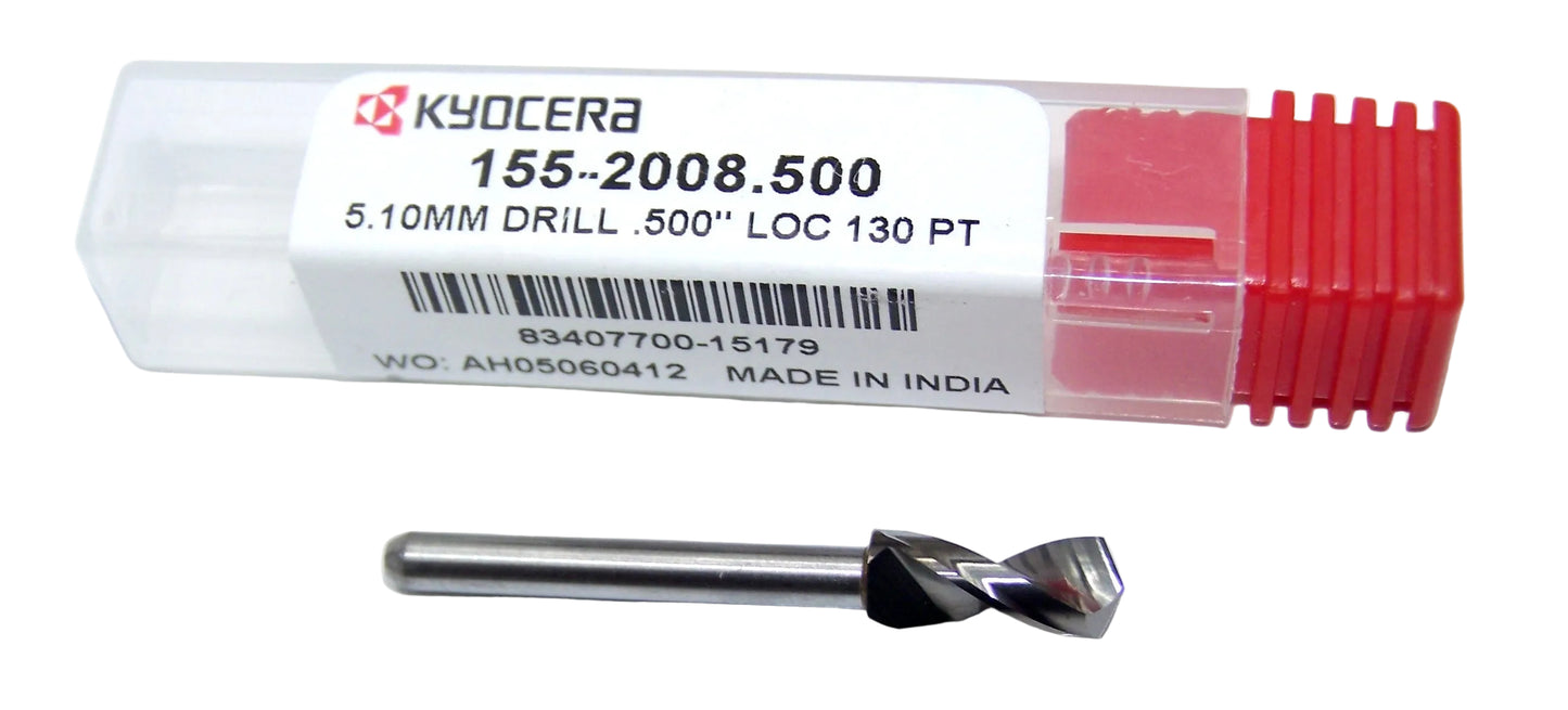 155-2008.500 Kyocera 5.10mm Carbide Drill 0.2008" Diameter 0.5000" Flute 1.5" Length 0.125" Shank 130° Point