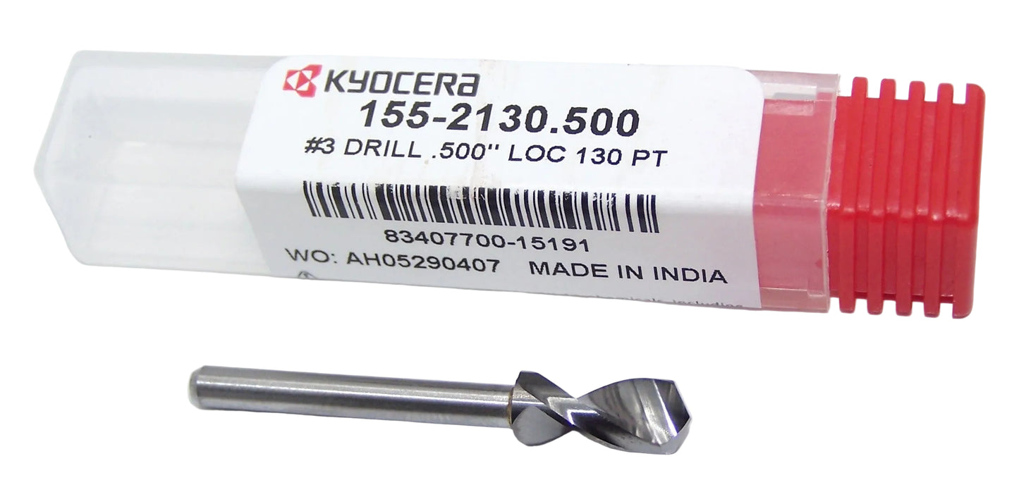 155-2130.500 Kyocera #3 Carbide 2 Flute Drill PCB Type 0.2130" Diameter 0.500" Flute 1.50" Length 0.125" Shank 130° Point