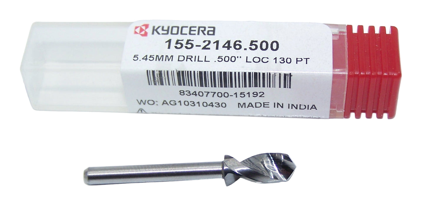 155-2146.500 Kyocera 5.45mm Carbide 0.2146" Diameter 0.5000" Flute 1.5" Length 0.125" Shank 130° Point