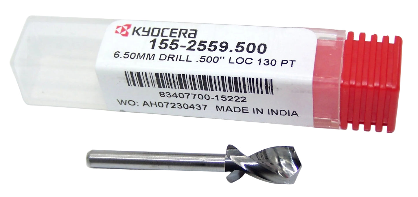 155-2559.500 Kyocera 6.50mm Carbide 0.2559" Diameter 0.5000" Flute 1.5" Length 0.125" Shank 130° Point