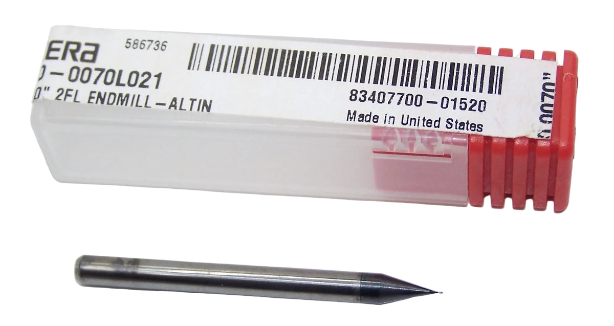 1610-0070L021 Kyocera 0.007" Carbide 2 Flute End Mill ALTiN Coated 0.0070" Diameter 0.0210" Flute 1.5" Length 0.125" Shank