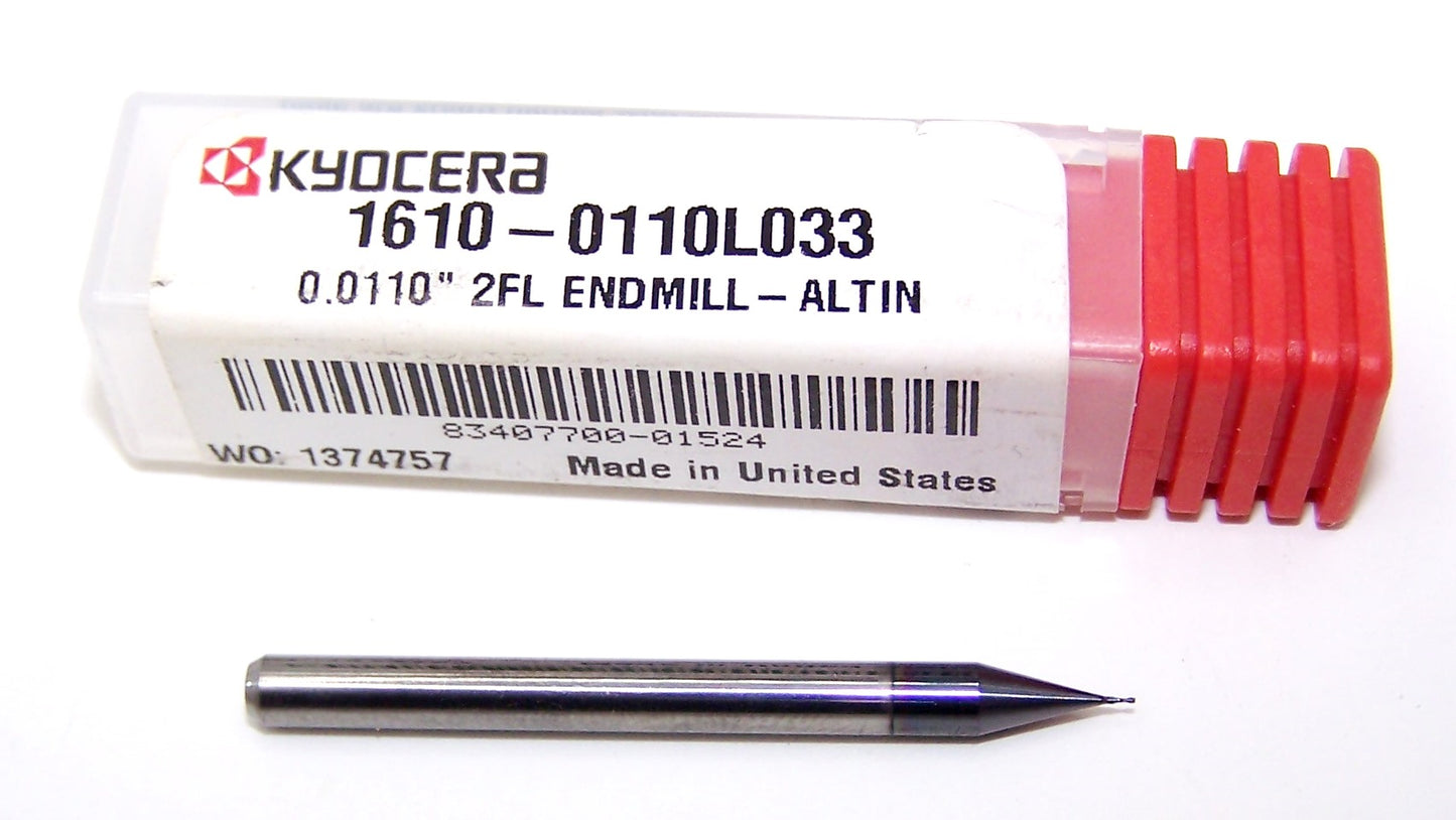 1610-0110L033 Kyocera .0110" Carbide 2 Flute End Mill AlTiN Coated .0110" Diameter .033" Flute Length 1.50" Length .125" Shank