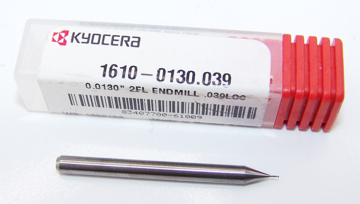 1610-0130.039 Kyocera .0130" Carbide 2 Flute End Mill .0130" Diameter .039" Flute Length 1.50" Length .125" Shank