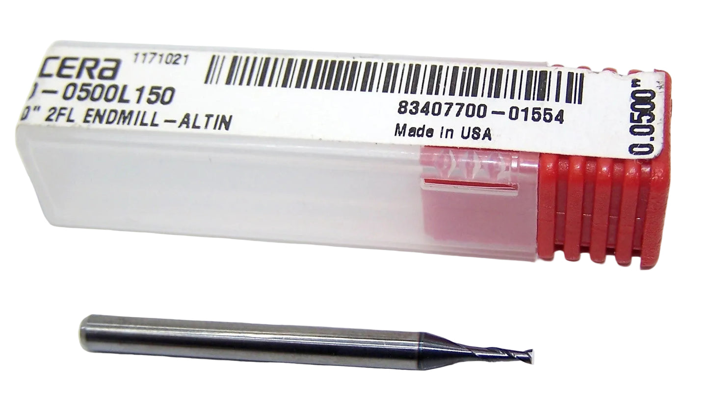 1610-0500L150 Kyocera 0.0500" Carbide 2 Flute End Mill ALTiN Coated 0.0500" Diameter 0.150" Flute 1.5" Length 0.125" Shank