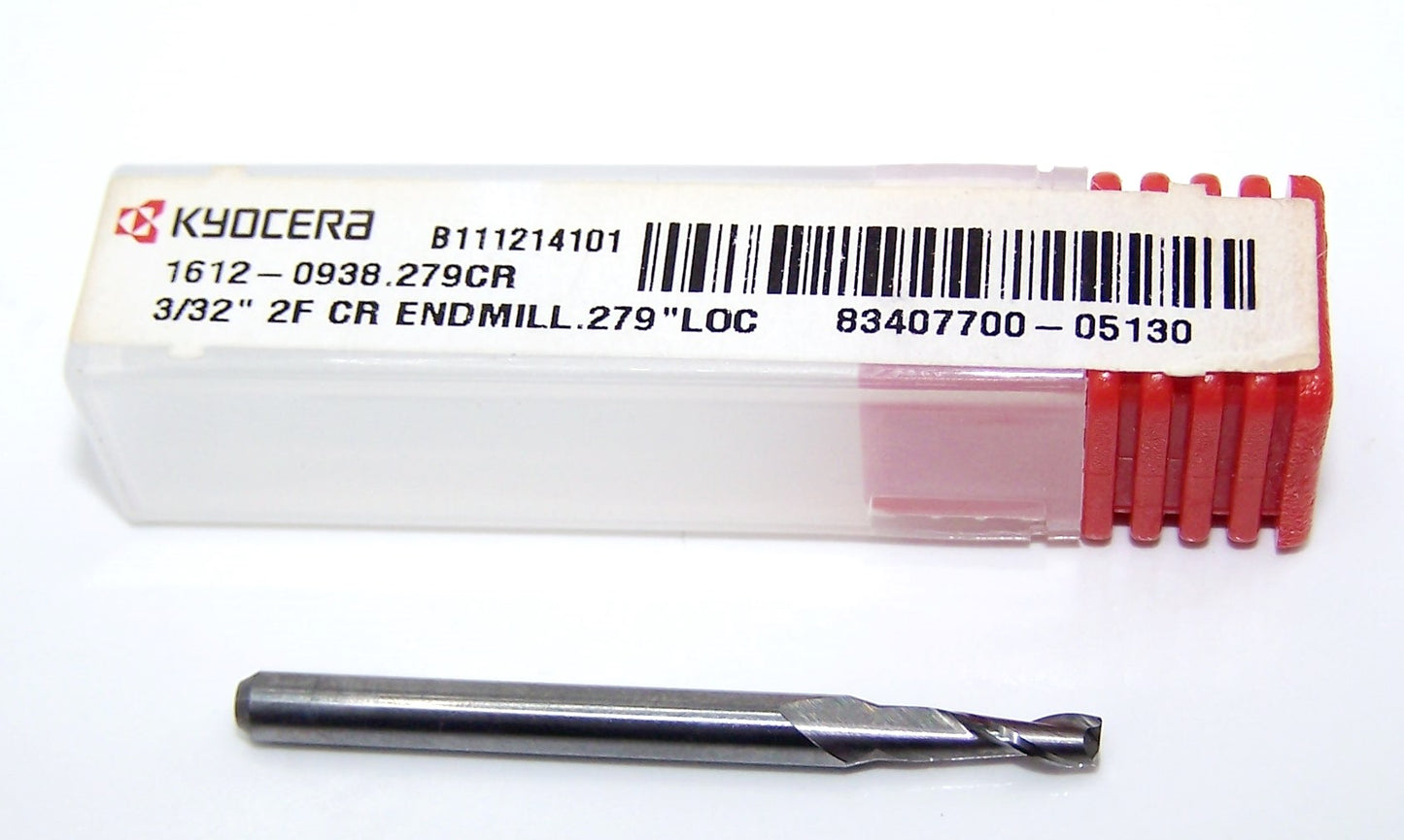 1612-0938.279CR Kyocera 3/32" Carbide 2 Flute End Mill .005" Radius .0938" Diameter .279" Flute 1.50" Length .125" Shank