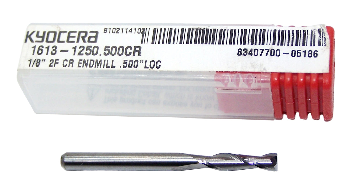 1613-1250.500CR Kyocera 1/8" Carbide 2 Flute End Mill 0.010" Radius 0.1250" Diameter 0.500" Flute 1.50" Length .1250" Shank