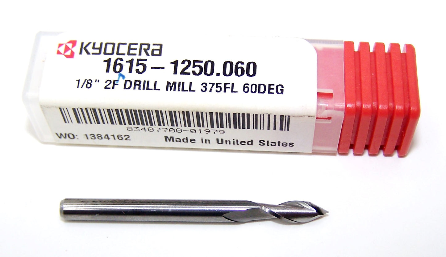 1615-1250.060 Kyocera 1/8" Carbide 60° Point Drill Mill 2 Flute .125" Diameter .375" Flute 1.50" Length .125" Shank