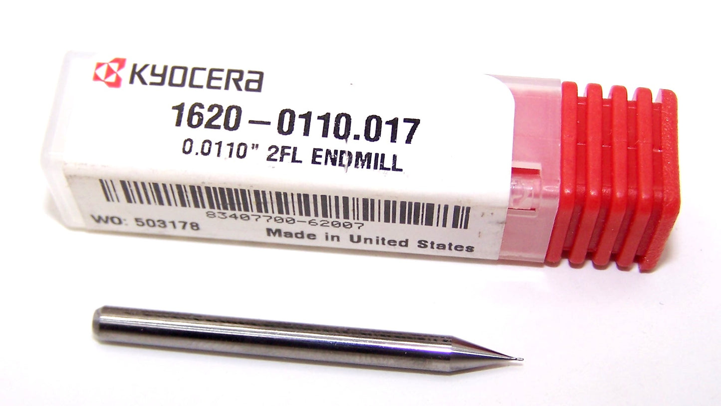 1620-0110.017 Kyocera 0.0110" Carbide 2 Flute End Mill Stub Length 0.0110" Diameter 0.0170" Flute 1.5" Length 0.125" Shank