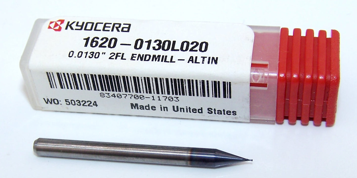 1620-0130L020 Kyocera 0.0130" Carbide 2 Flute End Mill ALTiN Coated 0.0130" Diameter 0.0200" Flute 1.5" Length 0.125" Shank