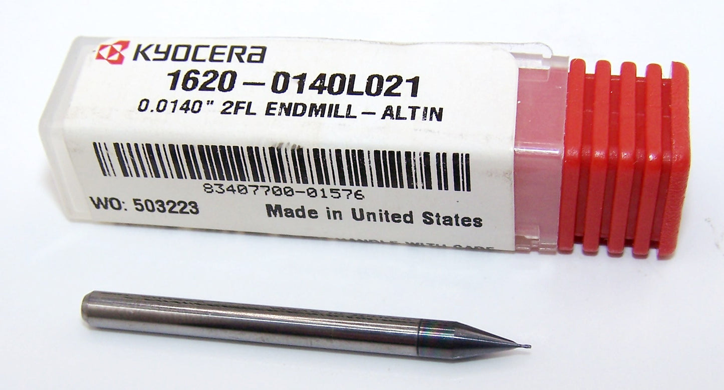 1620-0140L021 Kyocera 0.0140" Carbide 2 Flute End Mill ALTiN Coated 0.0140" Diameter 0.0210" Flute 1.5" Length 0.125" Shank