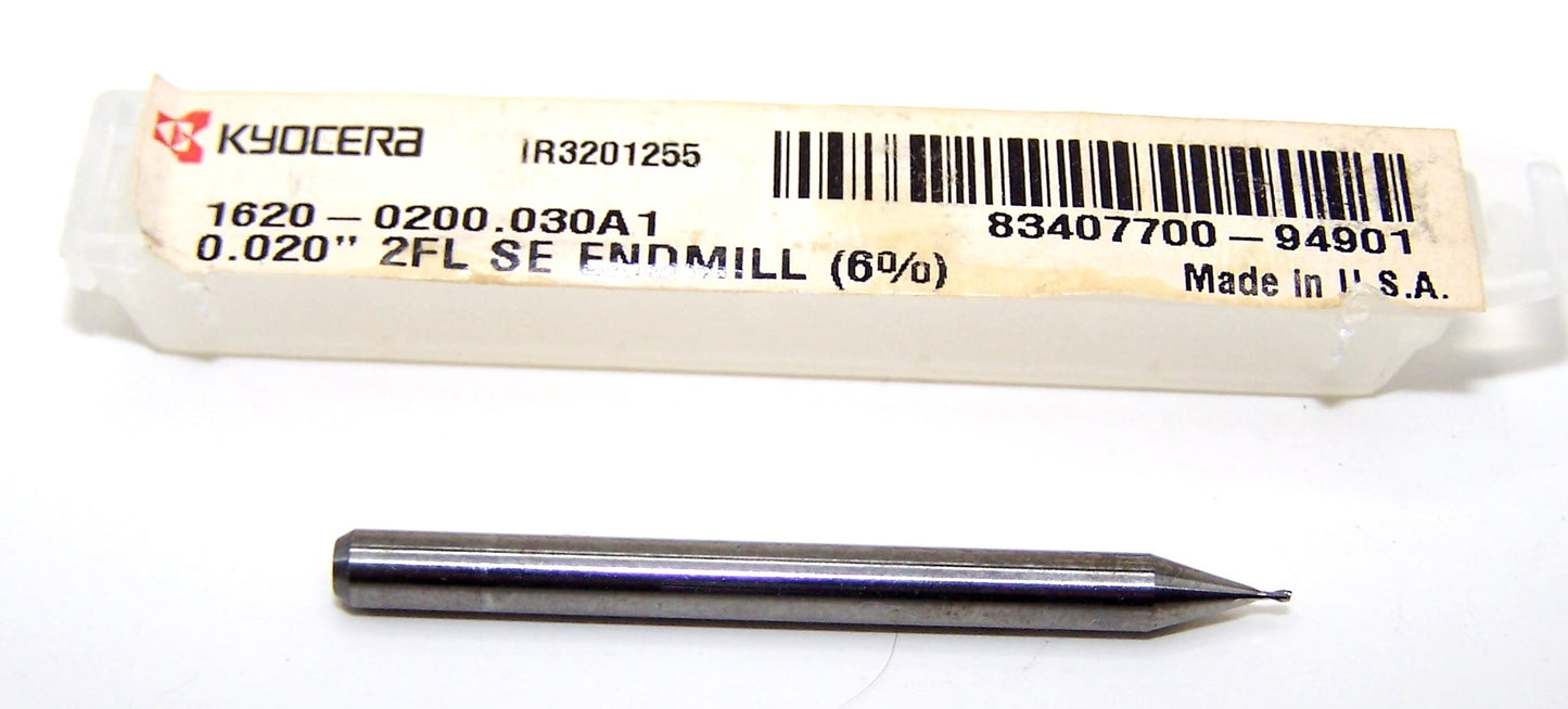 1620-0200.030A1 Kyocera #76 Carbide 2 Flute End Mill Stub Flute Low Cobalt 6% .0200" Diameter .030" Flute 1.50" Length .125" Shank