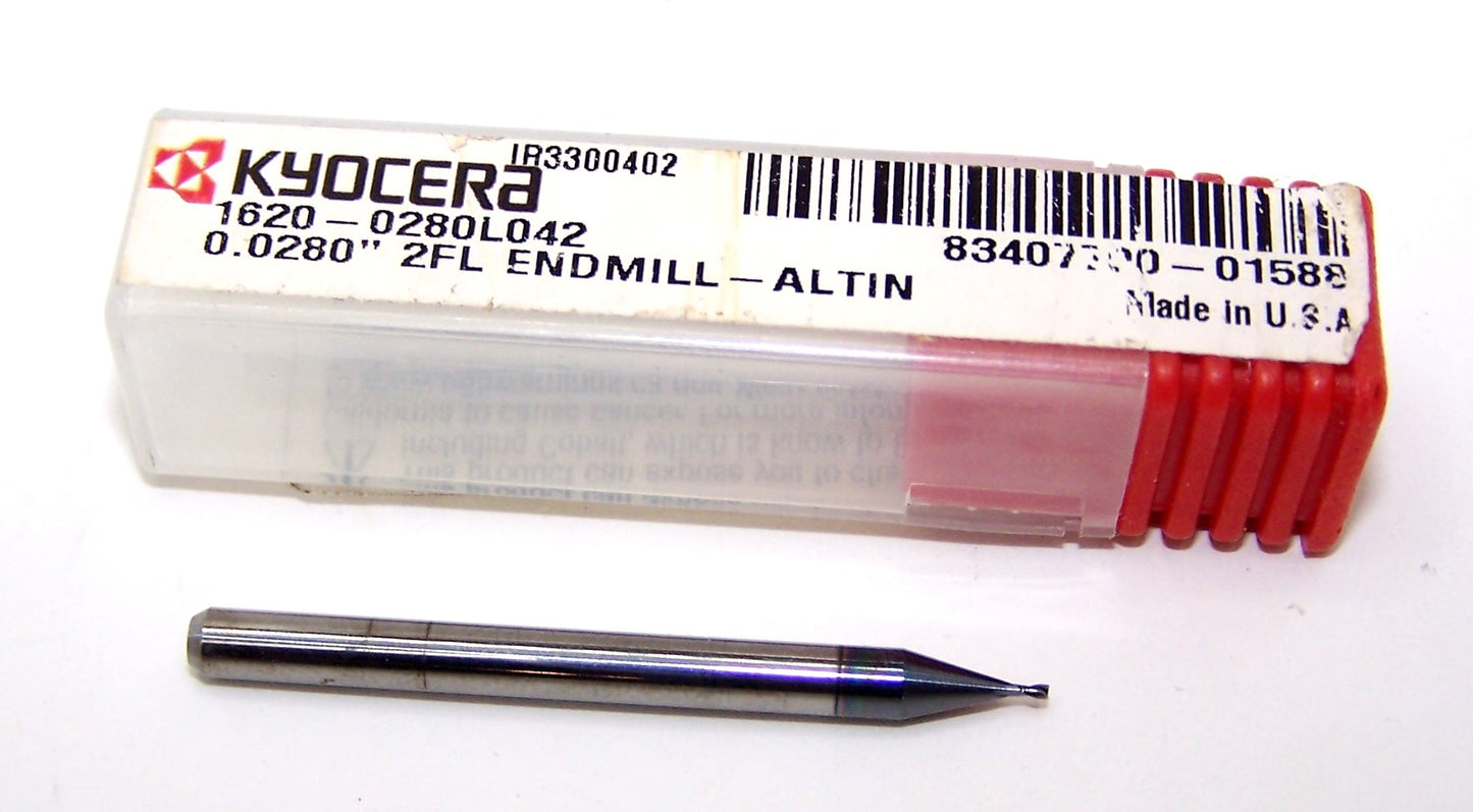 1620-0280L042 Kyocera 0.0280" Carbide 2 Flute End Mill ALTiN Coated 0.0280" Diameter 0.0420" Flute 1.5" Length 0.125" Shank