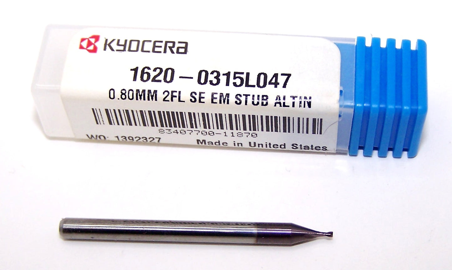 1620-0315L047 Kyocera 0.80mm Carbide 2 Flute End Mill ALTiN Coated 0.0315" Diameter 0.0470" Flute 1.5" Length 0.1181" Shank