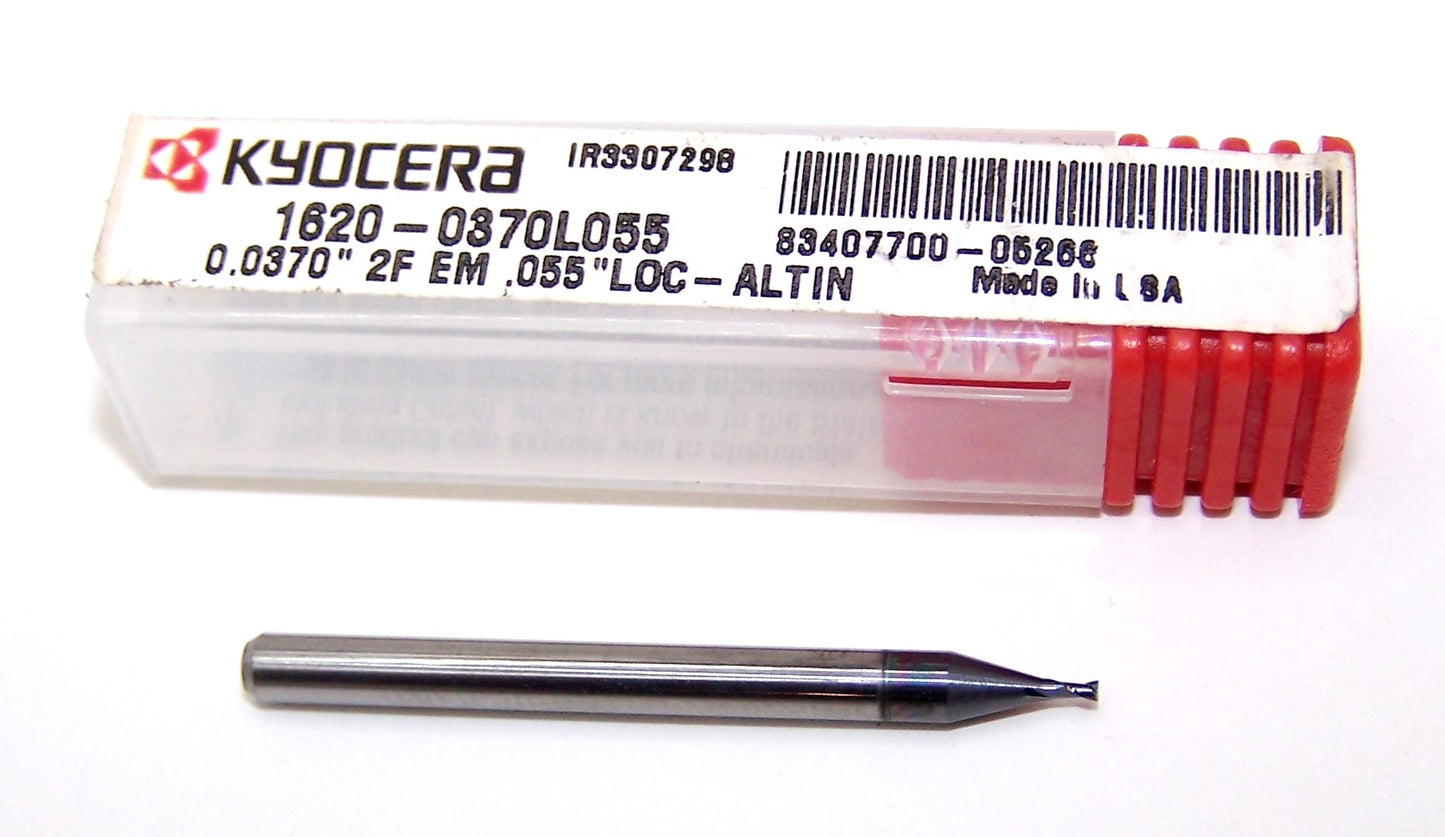 1620-0370L055 Kyocera 0.0370" Carbide 2 Flute End Mill ALTiN Coated 0.0370" Diameter 0.0550" Flute 1.5" Length 0.125" Shank