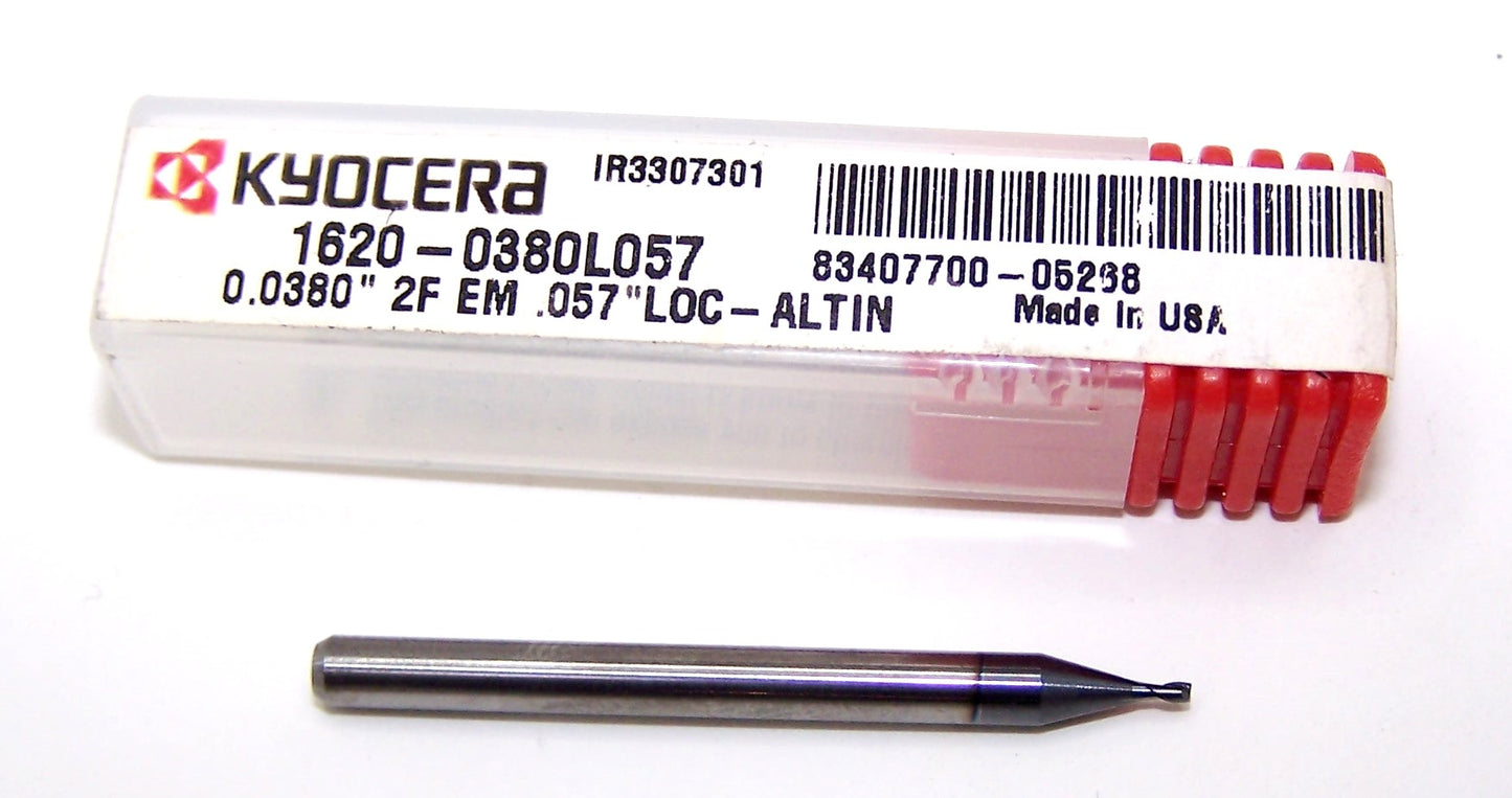 1620-0380L057 Kyocera 0.0380" Carbide 2 Flute End Mill ALTiN Coated 0.0380" Diameter 0.0570" Flute 1.5" Length 0.125" Shank