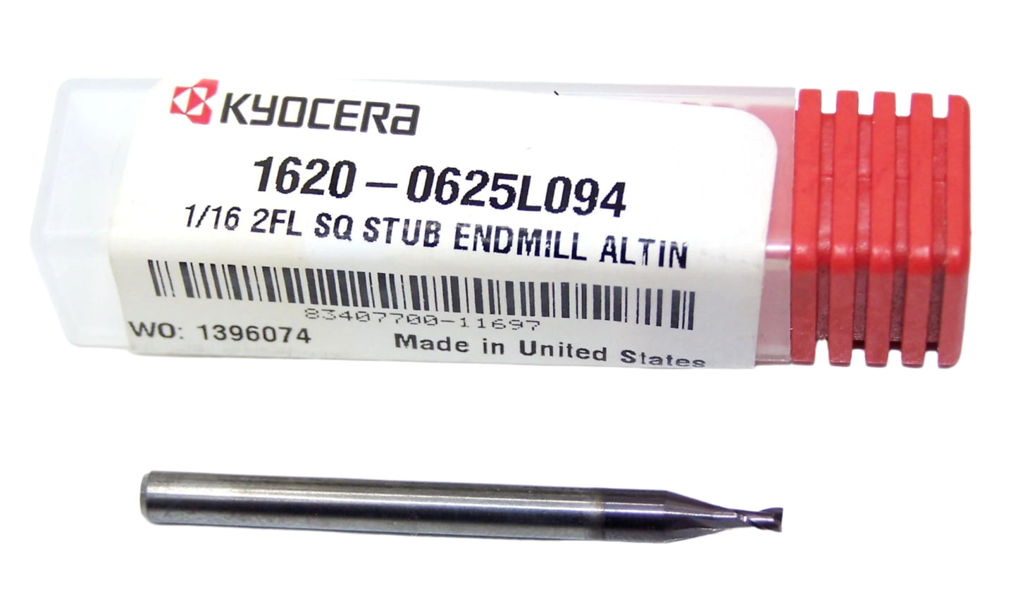 1620-0625L094 Kyocera 1/16" Carbide 2 Flute End Mill Stub ALTiN Coated 0.0625" Diameter 0.094" Flute 1.5" Length 0.125" Shank