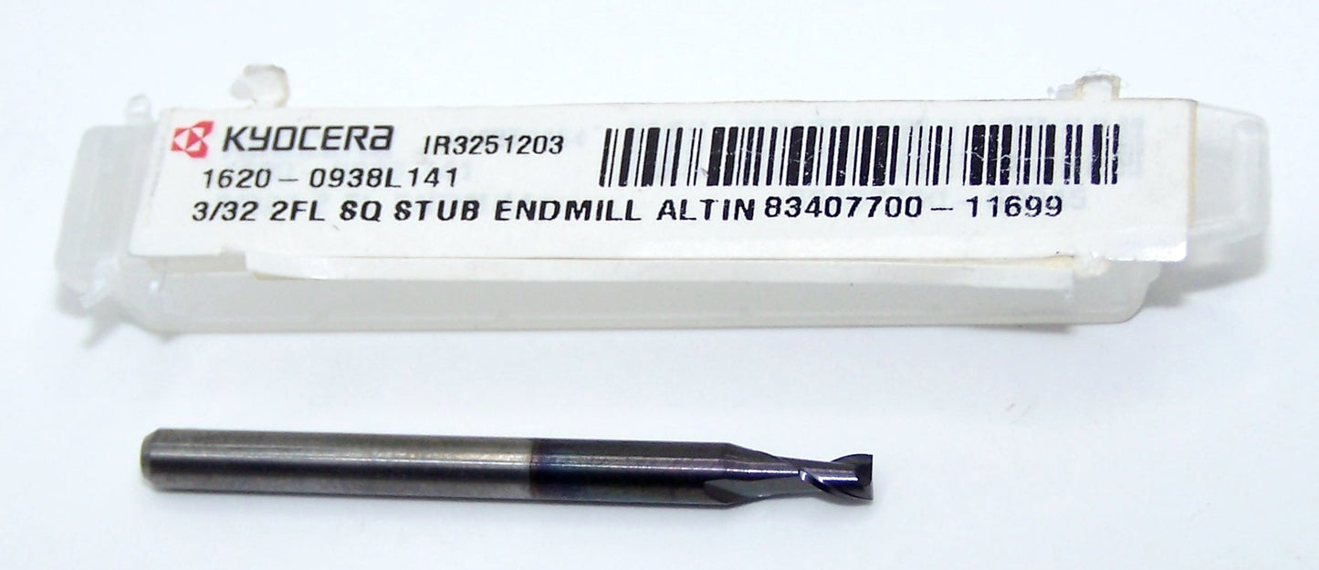 1620-0938L141 Kyocera 3/32" Carbide 2 Flute End Mill ALTiN Coated 0.0938" Diameter 0.141" Flute 1.5" Length 0.125" Shank