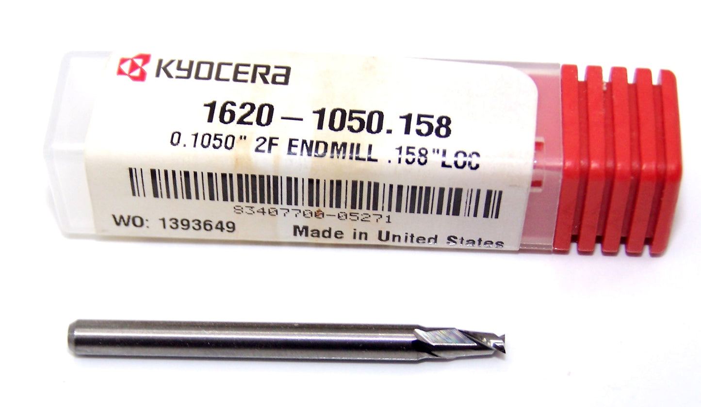 1620-1050.158 Kyocera 0.1050" Carbide 2 Flute End Mill 0.1050" Diameter 0.158" Flute 1.5" Length 0.125" Shank