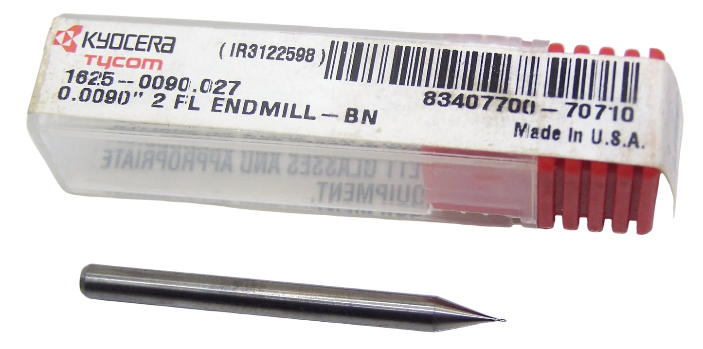 1625-0090.027 Kyocera 0.009" Carbide 2 Flute End Mill Ball End 0.0090" Diameter 0.0270" Flute 1.5" Length 0.125" Shank