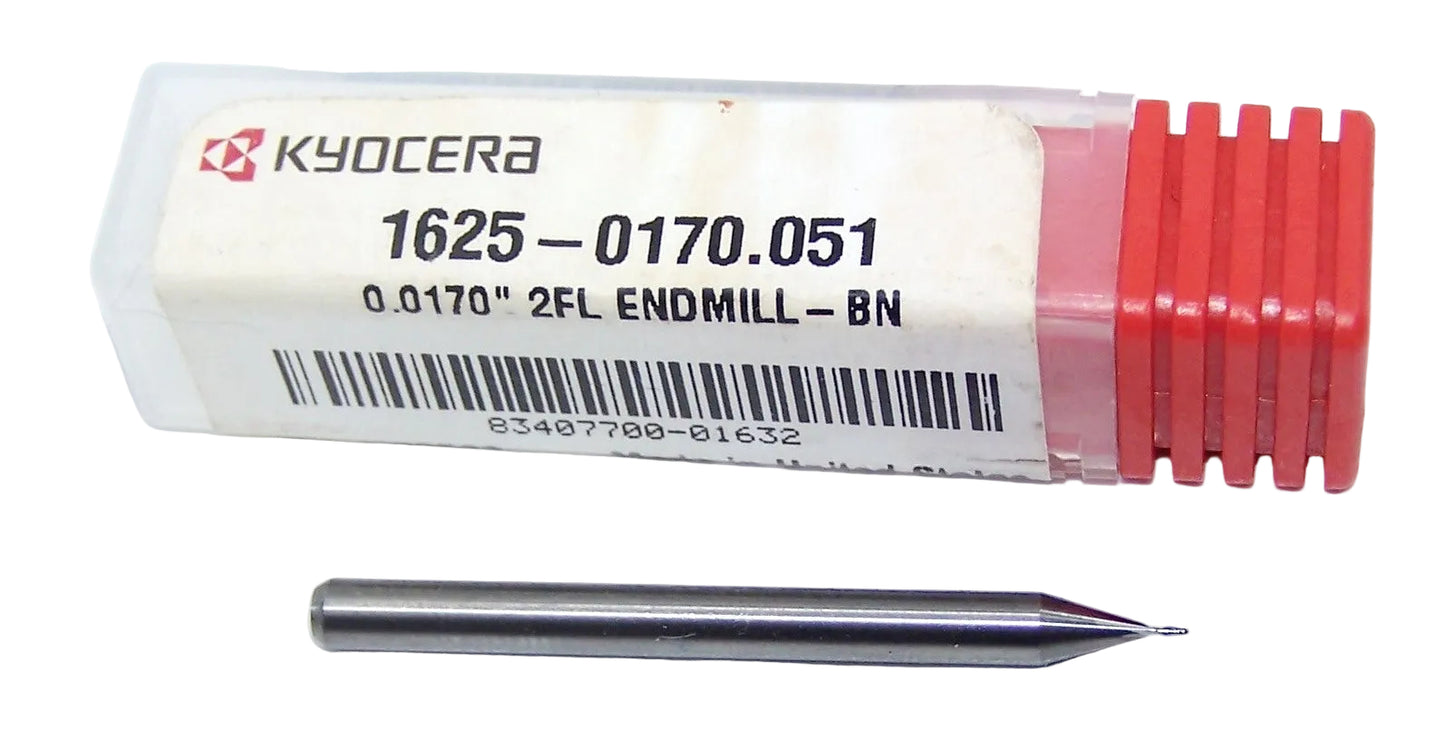 1625-0170.051 Kyocera 0.0170" Carbide 2 Flute End Mill Ball End 0.0170" Diameter 0.051" Flute 1.50" Length 0.125" Shank