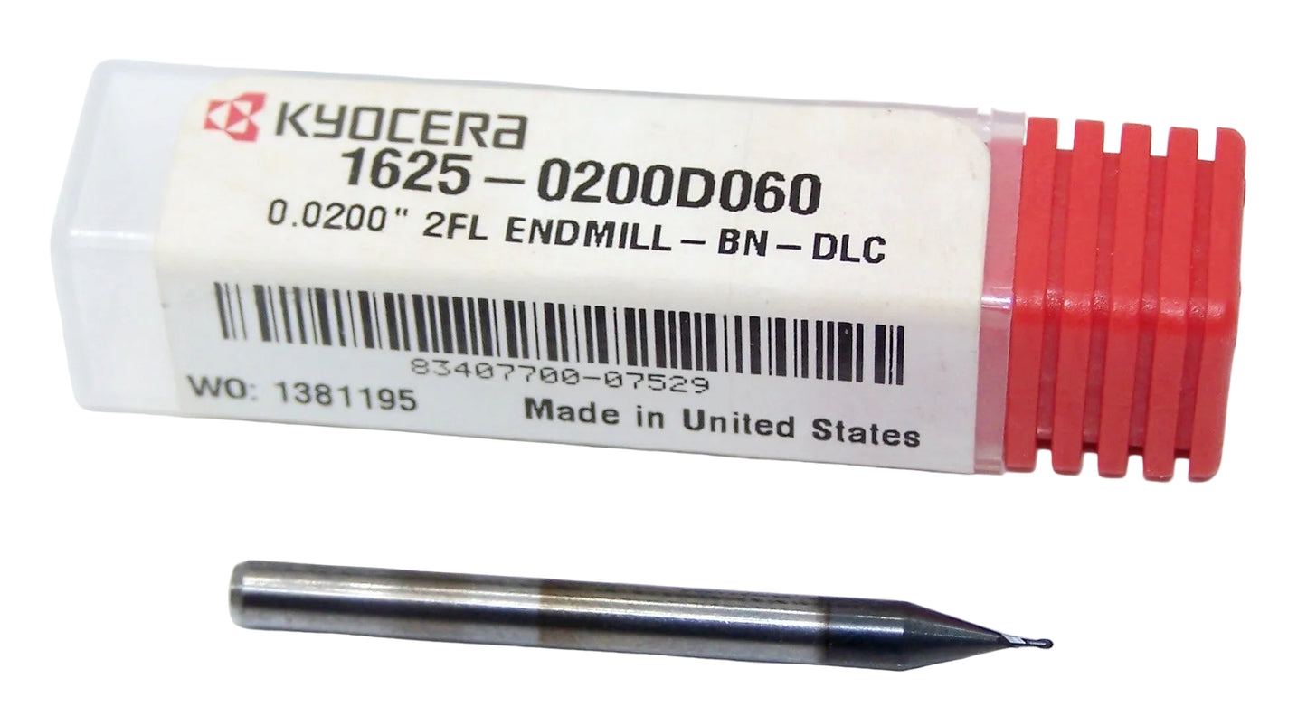 1625-0200D060 Kyocera 0.020" Carbide 2 Flute End Mill Ball End DLC Coated 0.0200" Diameter 0.0600" Flute 1.5" Length 0.125" Shank