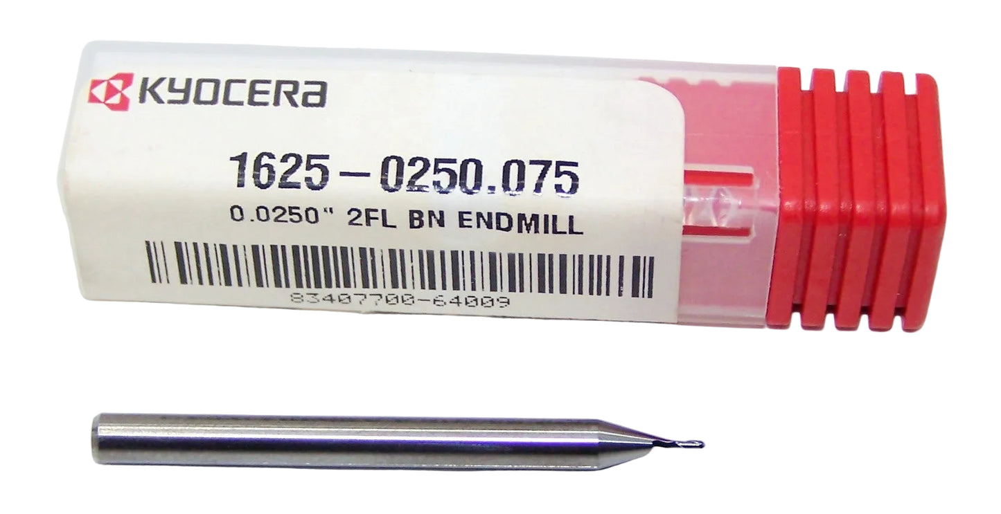 1625-0250.075 Kyocera 0.0250" Carbide 2 Flute End Mill Ball End 0.0250" Diameter 0.075" Flute 1.5" Length 0.125" Shank