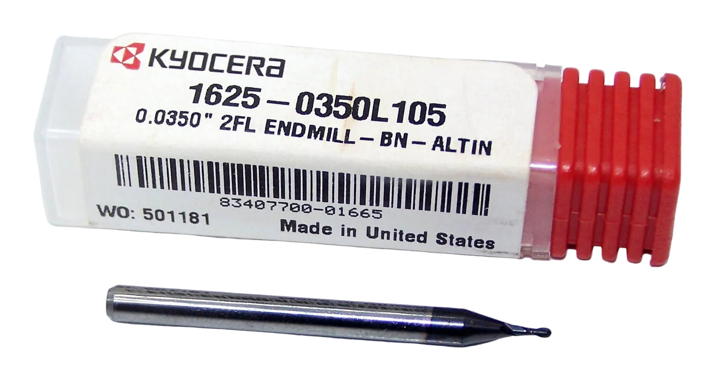 1625-0350L105 Kyocera 0.0350" Carbide 2 Flute End Mill Ball End ALTiN Coated 0.0350" Diameter 0.105" Flute 1.5" Length 0.125" Shank