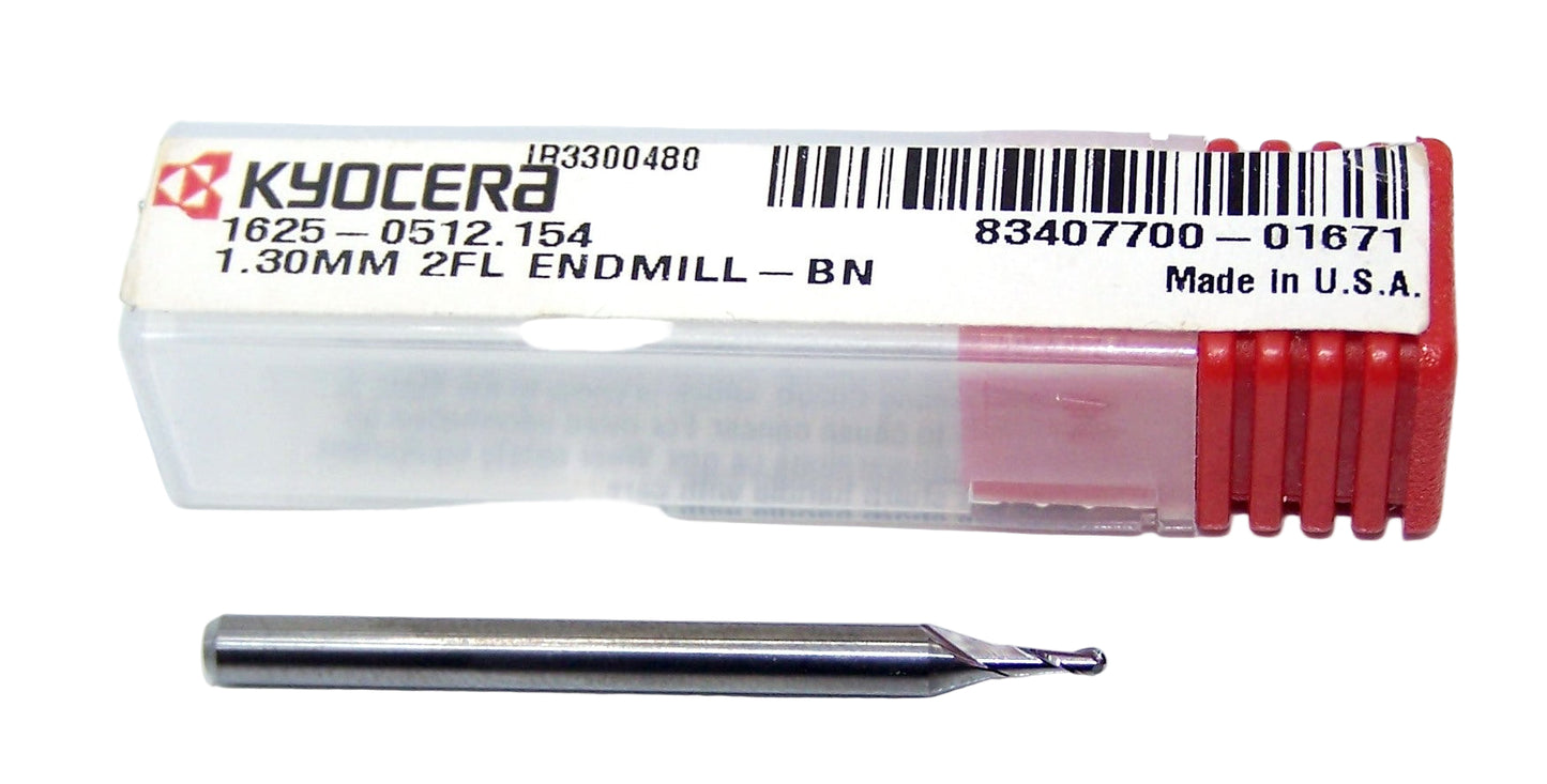 1625-0512.154 Kyocera 1.30mm Carbide 2 Flute End Mill Ball End 0.0512" Diameter 0.154" Flute 1.5" Length 0.1181" Shank