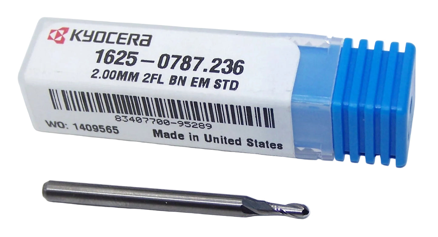 1625-0787.236 Kyocera 2.00mm Carbide 2 Flute End Mill Ball End 0.0787" Diameter 0.236" Flute 1.5" Length 0.1181" Shank