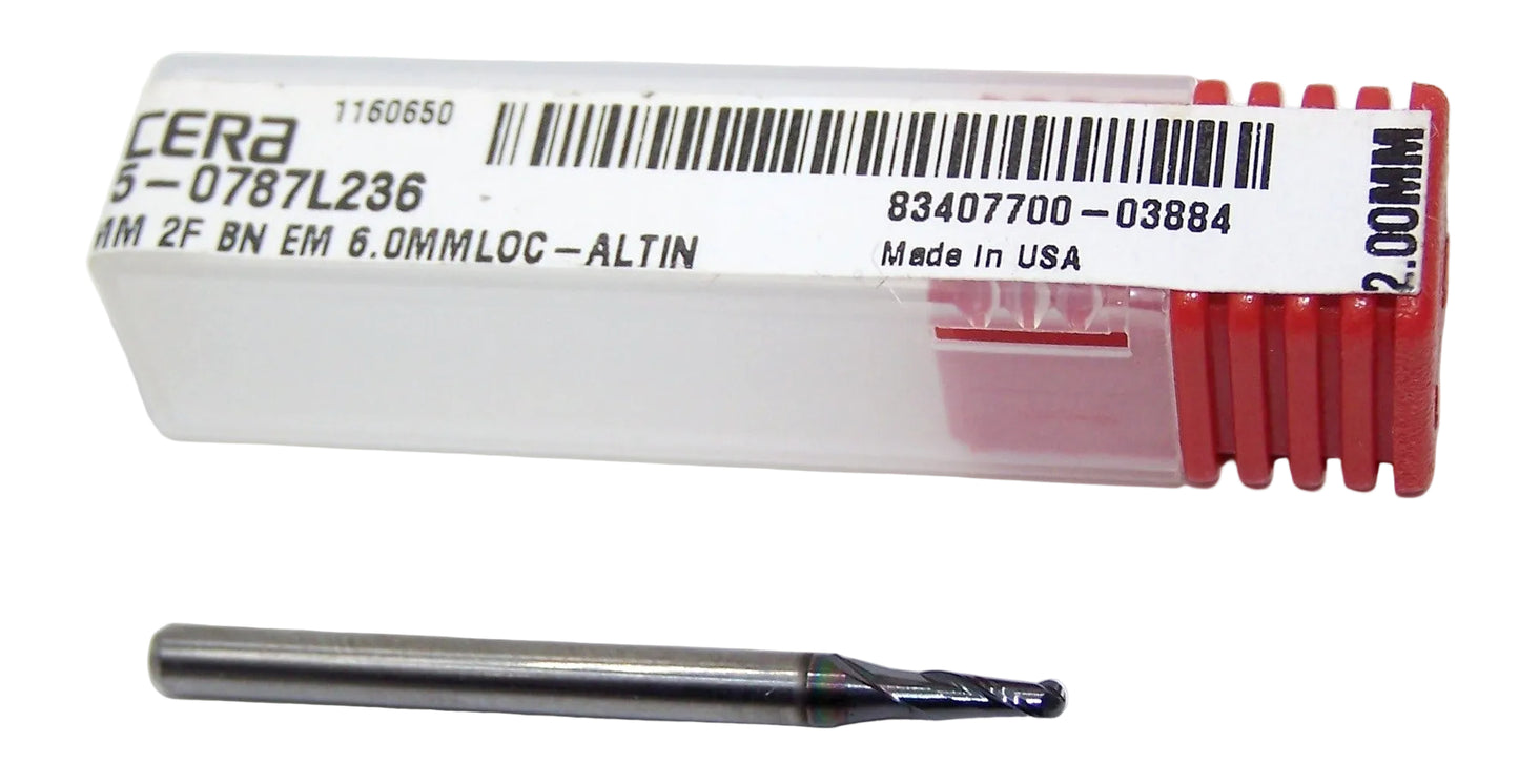 1625-0787L236 Kyocera 2.00mm Carbide 2 Flute End Mill Ball End AlTiN Coated 0.0787" Diameter 0.236" Flute 1.5" Length 0.1181" Shank (Copy)