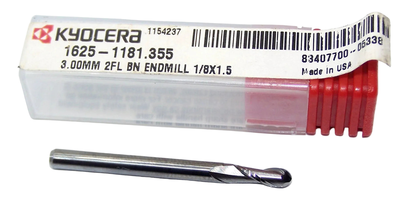1625-1181.355 Kyocera 0.1181" Carbide 2 Flute End Mill Ball End 0.1181" Diameter 0.355" Flute 1.5" Length 0.125" Shank