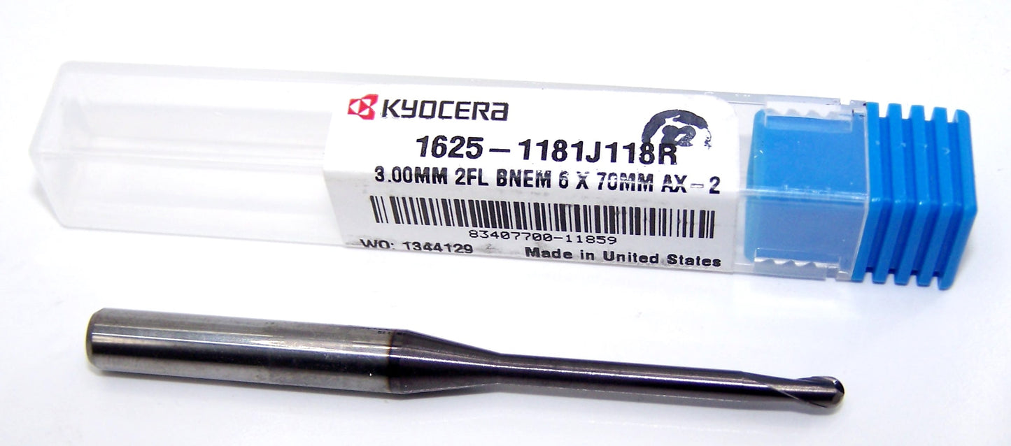 1625-1181J118R Kyocera 3.00mm Carbide 2 Flute End Mill Extend Reach Ball End AlTiN .1181" Diameter .1181" Flute 2.75" Length .1181" Shank