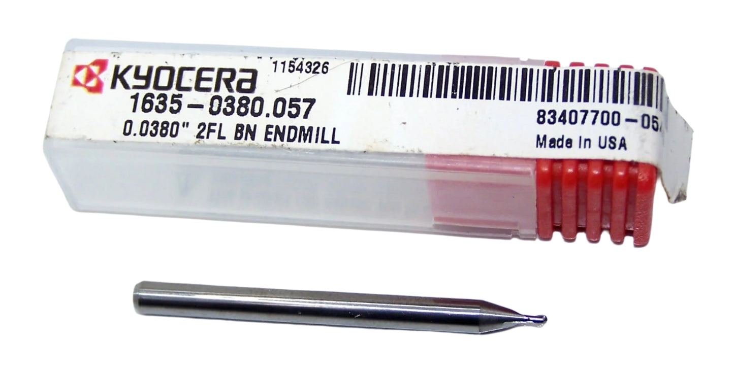 1635-0380.057 Kyocera 0.0380" Carbide 2 Flute End Mill Ball End Stub 0.0380" Diameter 0.057" Flute 1.5" Length 0.125" Shank