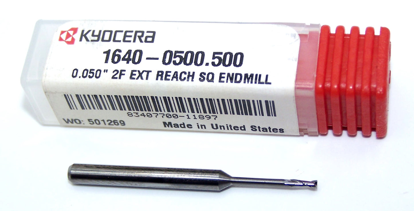 1640-0500.500 Kyocera 0.0500" Carbide 2 Flute End Mill .500" Extended Reach 0.0500" Diameter 0.150" Flute 1.50" Length 0.125" Shank