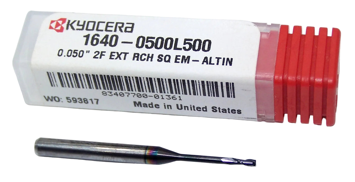 1640-0500L500 Kyocera 0.0500" Carbide 2 Flute End Mill .500" Extended Reach ALTiN Coated 0.0500" Diameter 0.150" Flute 1.50" Length 0.125" Shank